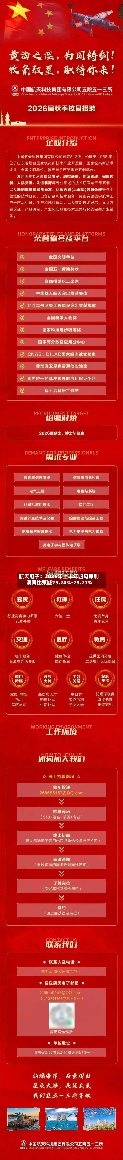 航天电子：2026年上半年归母净利润同比预减75.24%-79.27%
