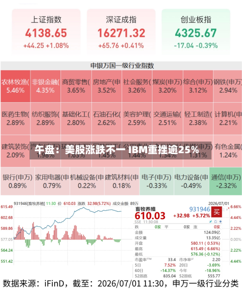 午盘：美股涨跌不一 IBM重挫逾25%