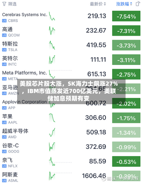 美股芯片股大涨，SK海力士飙涨27%	，IBM市值蒸发近700亿美元，美联储加息预期有变-第2张图片