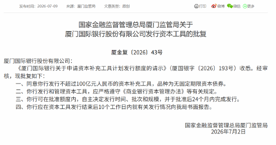 厦门国际银行获批发行不超过100亿元的无固定期限资本债券