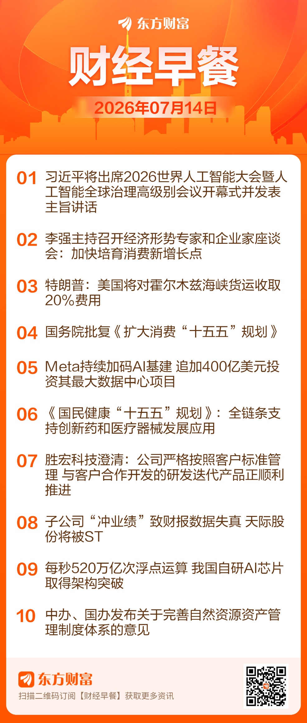 东方财富财经早餐 7月14日周二